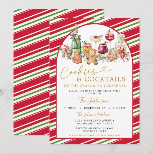Stripe Cookies and Cocktail Classic Christmas 招待状 (正面/裏面)