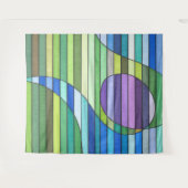 Striped Abstract Green Waves and Purple Circle タペストリー (正面(横))