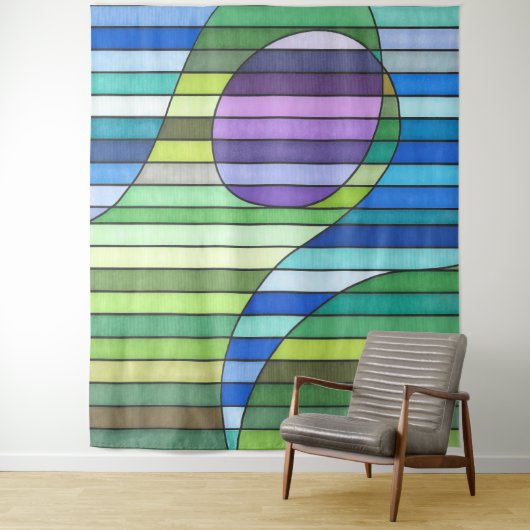 Striped Abstract Green Waves and Purple Circle タペストリー (インサイチュ)