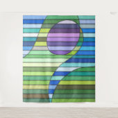 Striped Abstract Green Waves and Purple Circle タペストリー (正面)