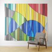 Striped Abstract with Yellow and Blue Shapes タペストリー (インサイチュ(横))