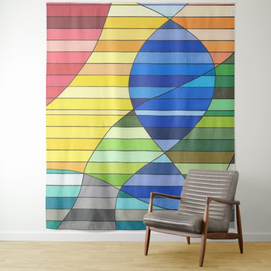 Striped Abstract with Yellow and Blue Shapes タペストリー (インサイチュ)