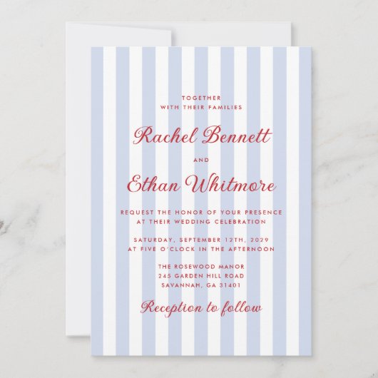 Striped Blue and Red Wedding Invitation 招待状 (正面)