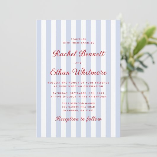 Striped Blue and Red Wedding Invitation 招待状 (スタンド正面)