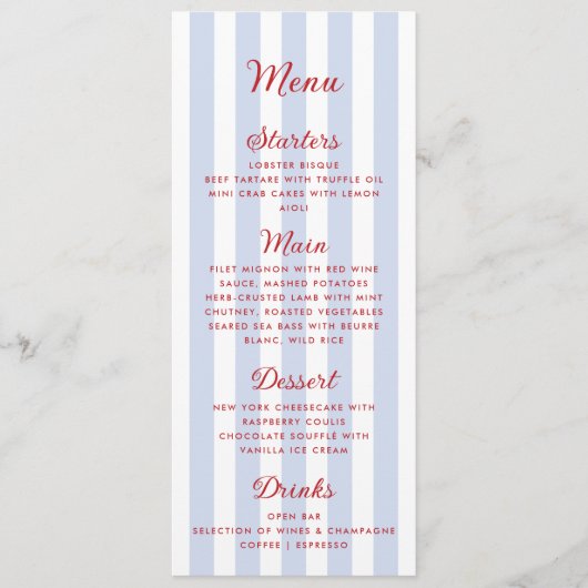 Striped Blue and Red Wedding Menu メニュー (正面)