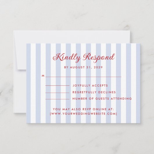 Striped Blue and Red Wedding RSVP Card 招待状 (正面)