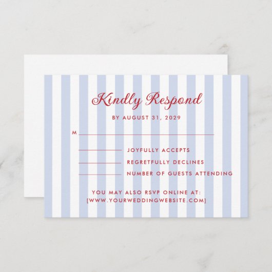 Striped Blue and Red Wedding RSVP Card 招待状 (正面/裏面)