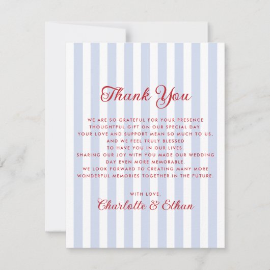 Striped Blue and Red Wedding Thank You Card 招待状 (正面)