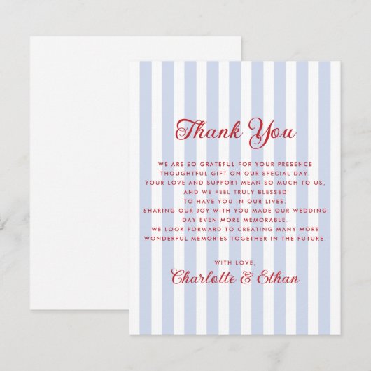 Striped Blue and Red Wedding Thank You Card 招待状 (正面/裏面)