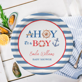 Striped Blue Red Nautical Ahoy Boy Baby Shower ペーパープレート