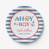 Striped Blue Red Nautical Ahoy Boy Baby Shower ペーパープレート (正面)