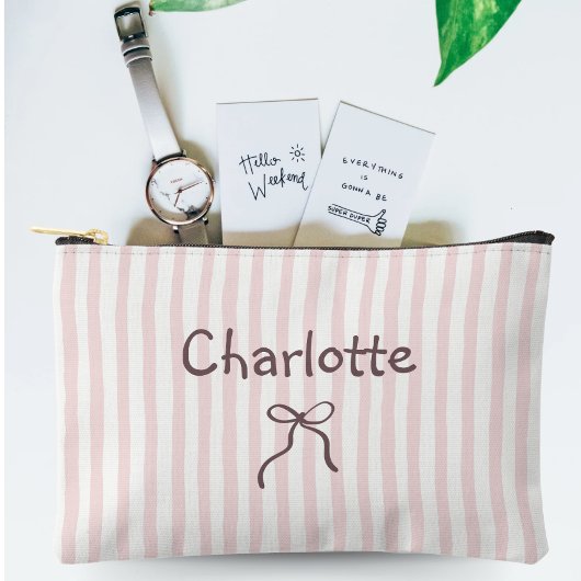 Striped Bow Cute Coquette Custom Personalized Name アクセサリーポーチ