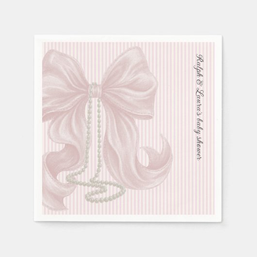 Striped Bow Ivory Pink Baby Shower  スタンダードカクテルナプキン (正面)