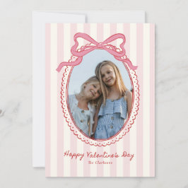 Striped Bright Pink Bow Valentine’s Day Photo Card 招待状