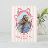 Striped Bright Pink Bow Valentine’s Day Photo Card 招待状 (スタンド正面)