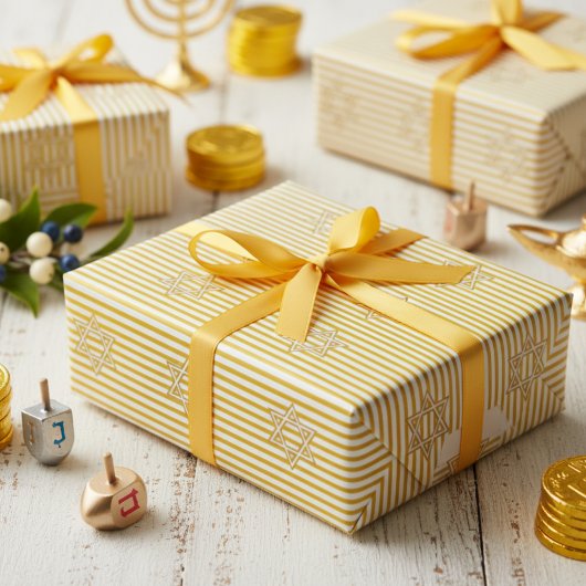 Striped Candle Flame Yellow Jewish Star of David ラッピングペーパー