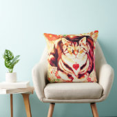 Striped Cat Art with Floral Background クッション (椅子)