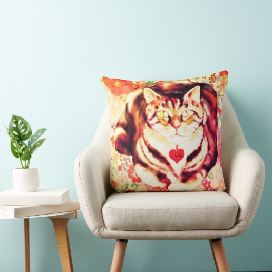 Striped Cat Art with Floral Background クッション (椅子)