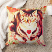 Striped Cat Art with Floral Background クッション (ブランケット)