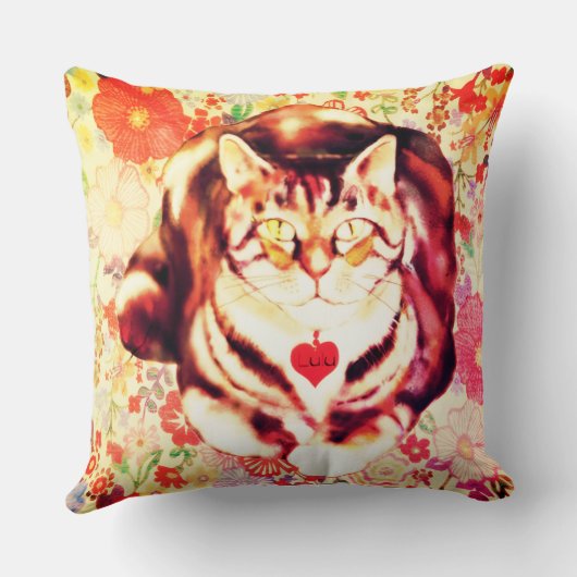 Striped Cat Art with Floral Background クッション (裏面)