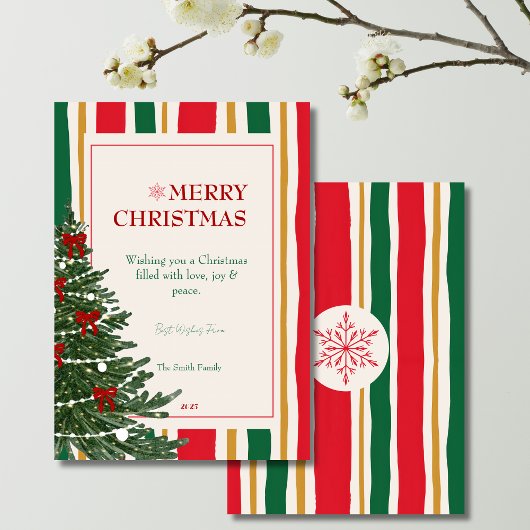 Striped Christmas Card with Pine Tree and Red Bows シーズンカード