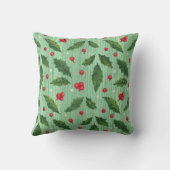 Striped Christmas Holly Green Red Throw Pillow クッション (裏面)