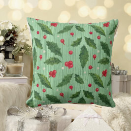 Striped Christmas Holly Green Red Throw Pillow クッション