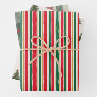 Striped Christmas Wrapping Paper, Pine Tree ラッピングペーパーシート