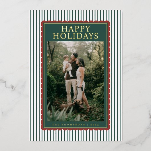 Striped Classic Holiday Photo 箔シーズンカード (正面)