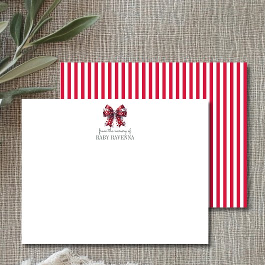 Striped Crimson Red Bow Cute Nursery Note Card ノートカード