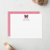Striped Crimson Red Bow Cute Nursery Note Card ノートカード (正面/裏面インサイチュ)