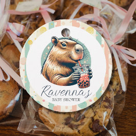 Striped Funny Capybara Custom Name Baby Shower フェイバータグ