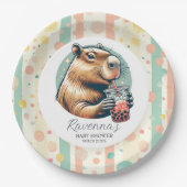 Striped Funny Capybara Custom Name Baby Shower ペーパープレート (正面)