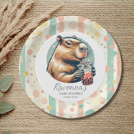 Striped Funny Capybara Custom Name Baby Shower ペーパープレート