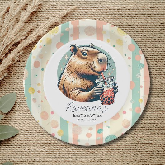 Striped Funny Capybara Custom Name Baby Shower ペーパープレート