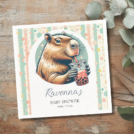 Striped Funny Capybara Personalized Baby Shower スタンダードカクテルナプキン