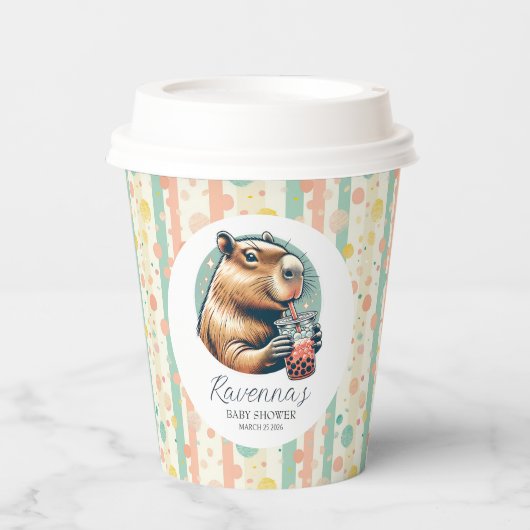 Striped Funny Capybara Personalized Baby Shower 紙コップ (正面)