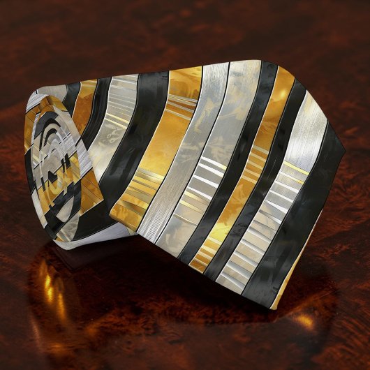 Striped Gold, Black, Silver Necktie ネクタイ