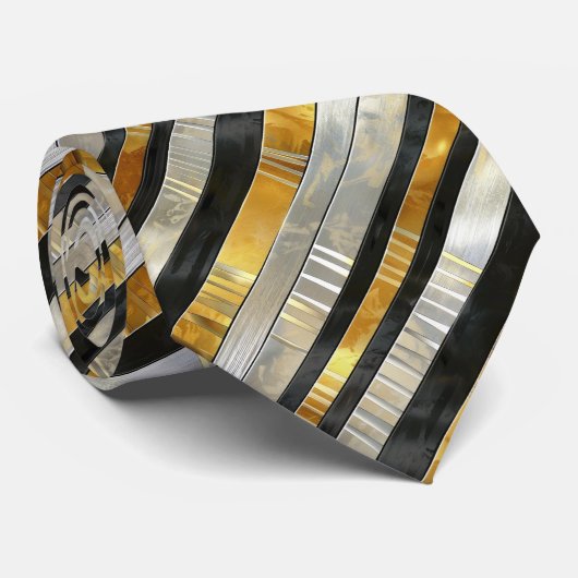 Striped Gold, Black, Silver Necktie ネクタイ (ロール)