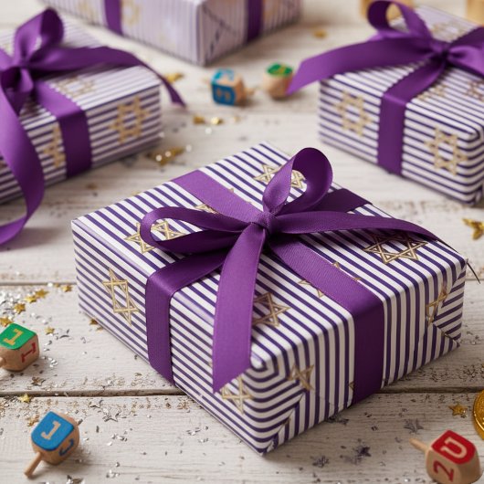 Striped Indigo Jewish Gold Star of David ラッピングペーパー