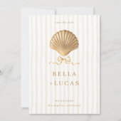 Striped Luxurious Coastal Gold Seashell Wedding セーブザデート (正面)