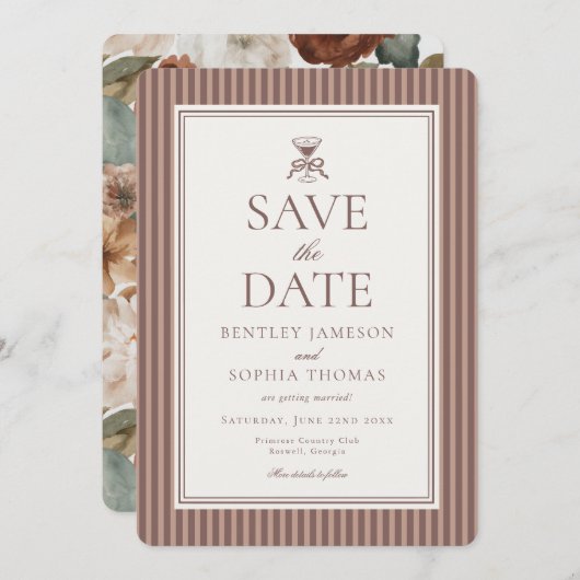 Striped Mocha Brown Espresso Save the Date 招待状 (正面/裏面)