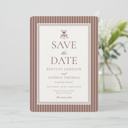 Striped Mocha Brown Espresso Save the Date 招待状 (スタンド正面)
