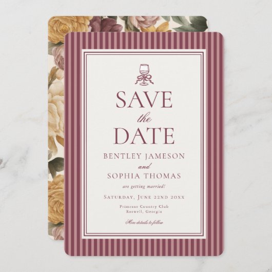 Striped Mocha Brown Espresso Save the Date 招待状 (正面/裏面)