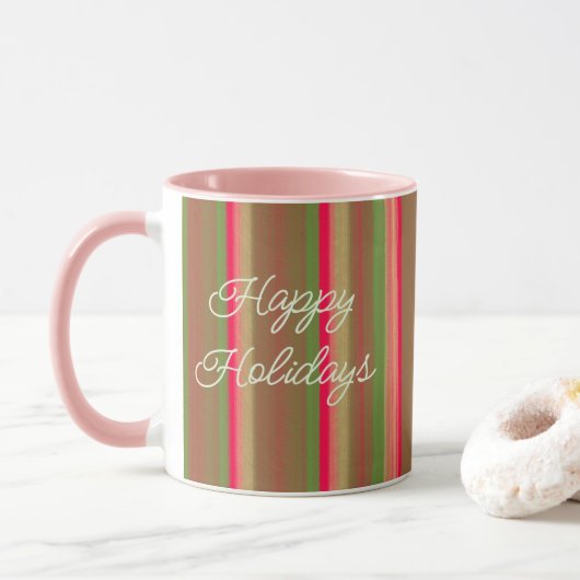 Striped Painting Happy Holidays マグカップ (ドーナツ)
