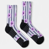 striped pattern with purple daisies ソックス (右)