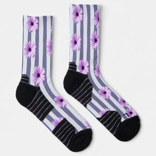 striped pattern with purple daisies ソックス (右)
