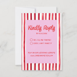 Striped Pink & Red Handwriting Wedding 出欠カード
