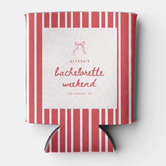 Striped Red & White Bow Script Bachelorette 缶クーラー (正面)
