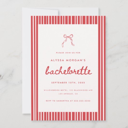 Striped Red & White Coquette Bow Bachelorette 招待状 (正面)